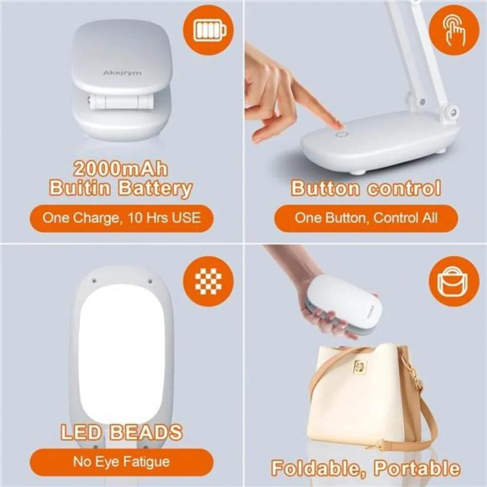 Portable LED Desk Lamp Rechargeable Battery Operated Foldable Dimmable White